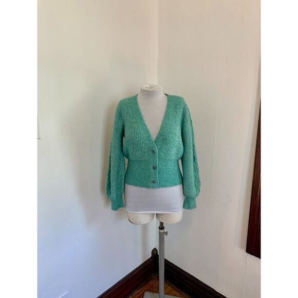 VTG 90s y2k Green Knit Cropped Sweater Mutton Sleeves Cable Argyle Cardigan Med - Picture 3 of 16
